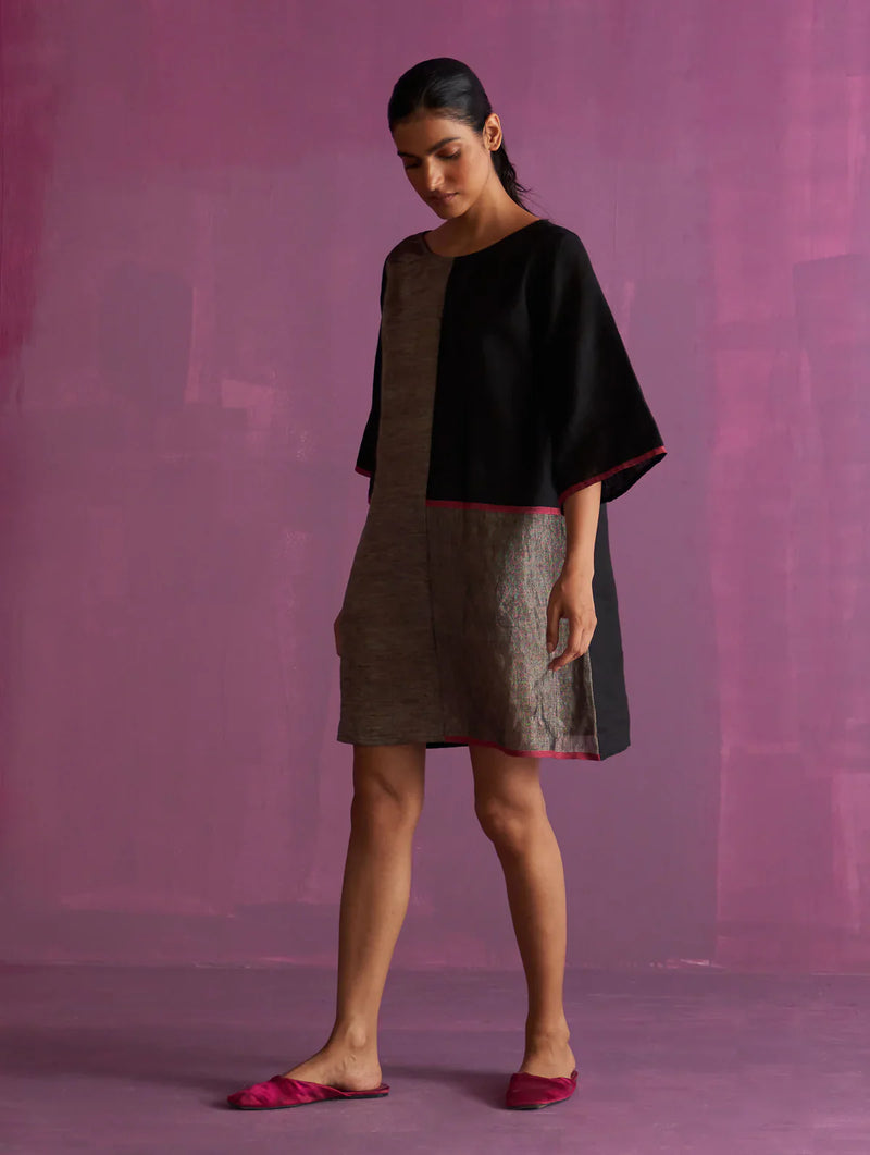 Ahana Metallic Linen Dress - Black linen by Manan in black color for women Worldwide