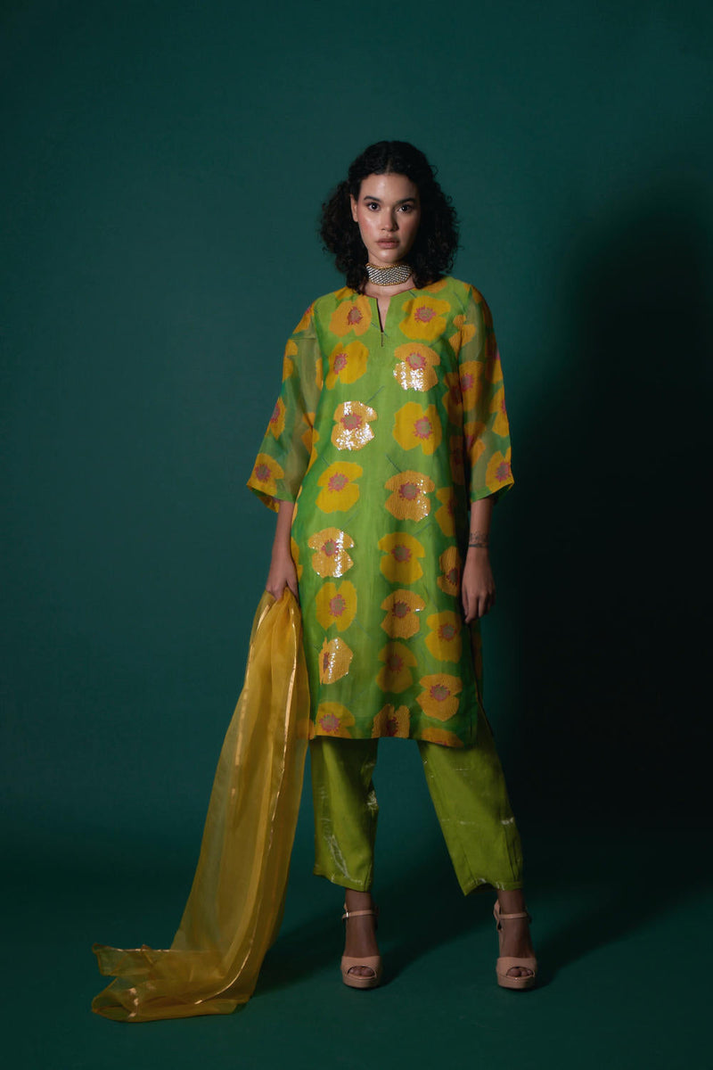 Tarina silk organza kurta set organza by Priti Prashant in green color for women Worldwide