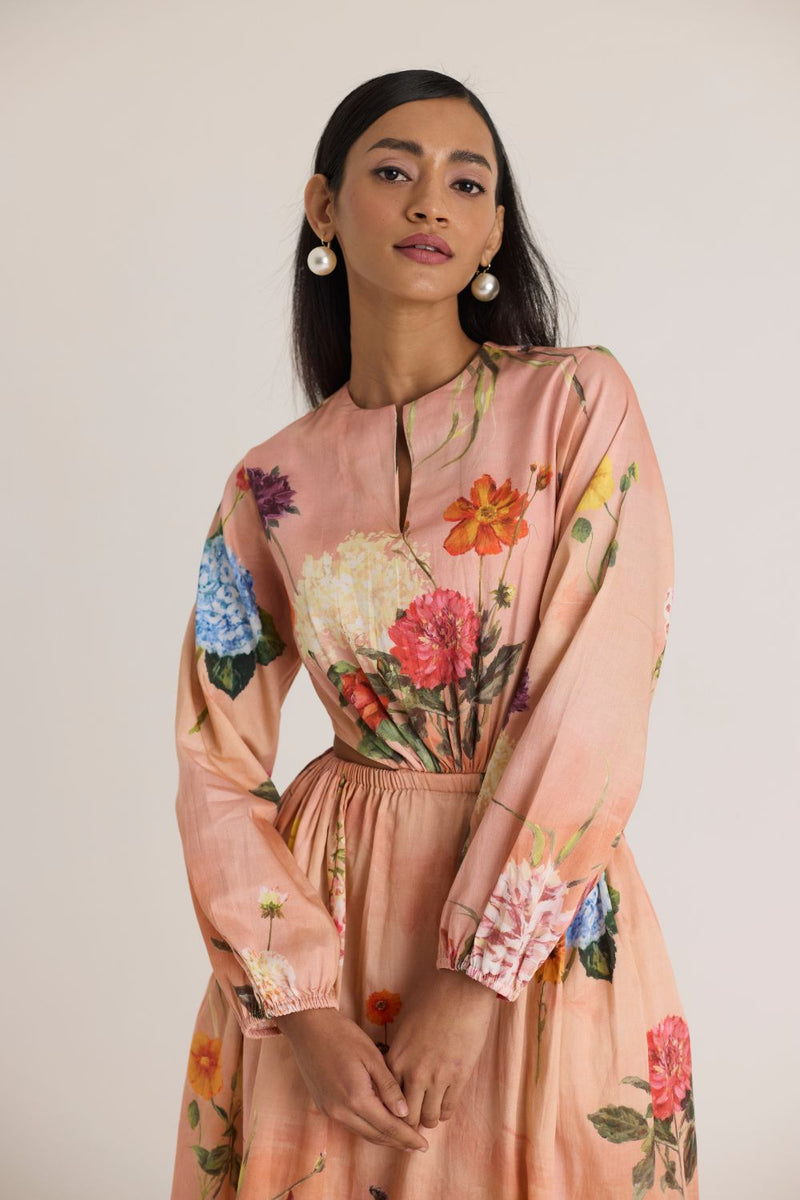 BUTTERCUP BOTH SIDE CUT DRESS satin by Yam in peach color for women Worldwide