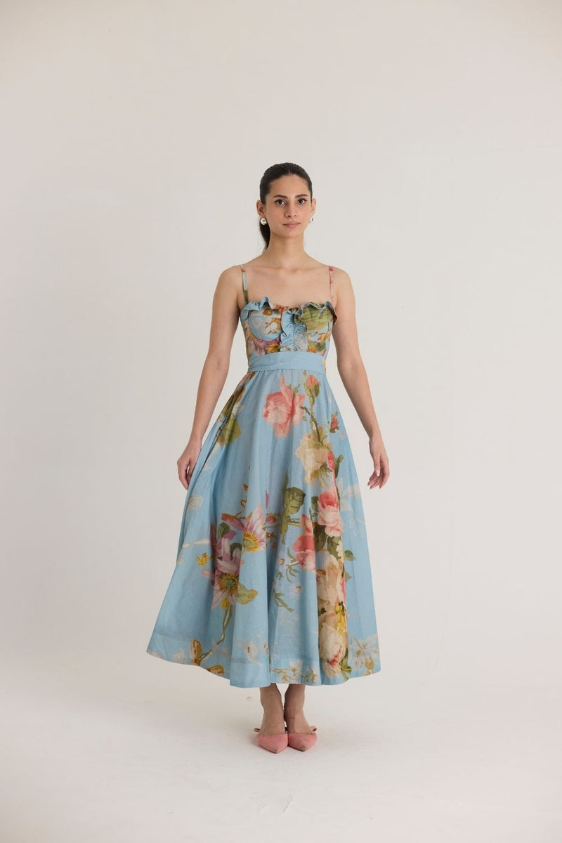 TAFFY COTTON FRILLS DRESS cotton by Yam in blue color for women Worldwide