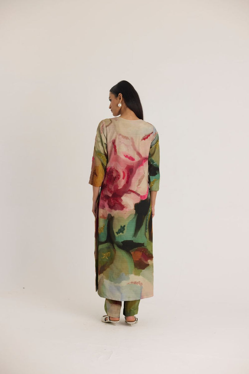 TILLY EMROIDERED LONG V NECK KURTA SET mul by Yam in multi color for women Worldwide