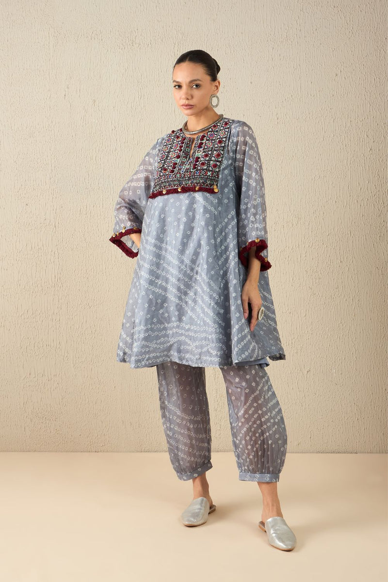 AFGHANI BANDHANI SET - Light Grey silk by Aavidi in yellow color for women Worldwide