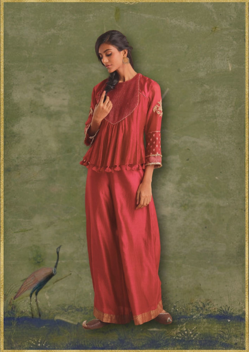 Gulal Top & Palazzo chanderi by Myoho in red color for women Worldwide