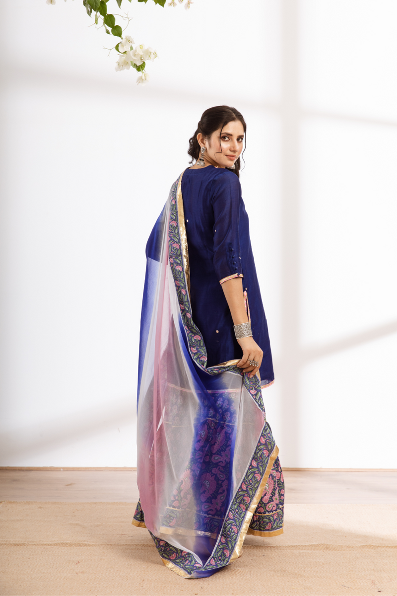 Rasika Neela Sharara Set - blue hand block printed chanderi sharara set chanderi by Maison Shefali in blue color for women Worldwide