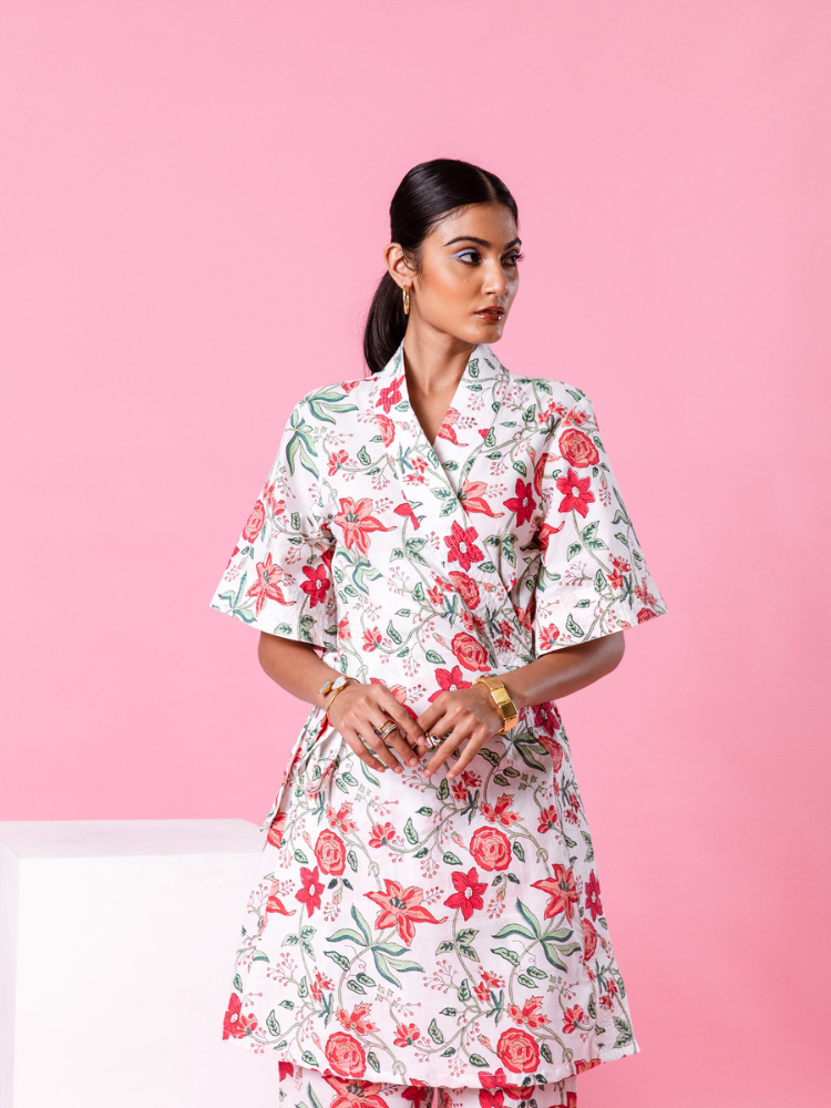 Pink Dahlia Kimono Co-Ord Co-ord Set by Marche in white color for women Worldwide
