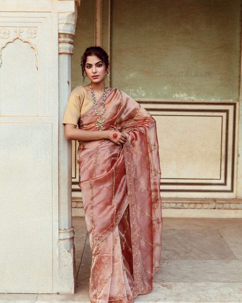 Rust Tissue Silk Embroidered Sari silk by Maison Shefali in rust color for women Worldwide