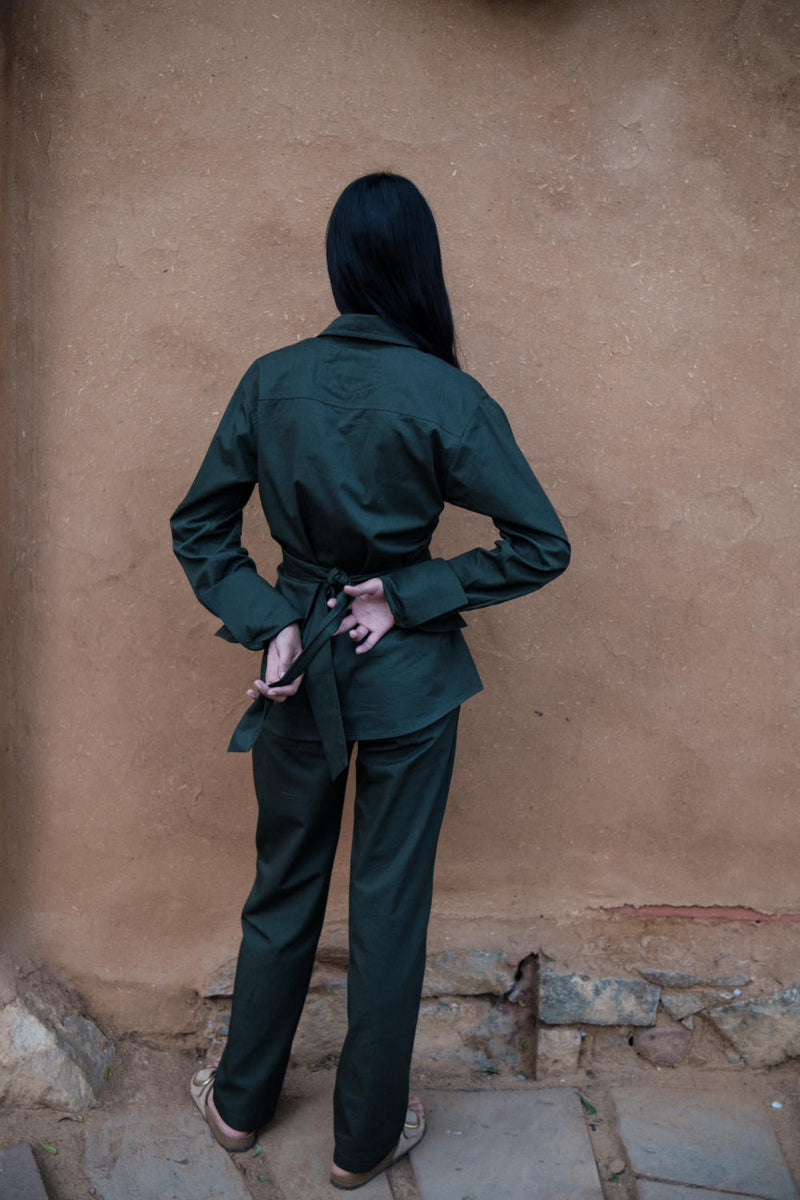 Nara Front knot Shirt-Deep Green cotton by The Terra Tribe in green color for women Worldwide