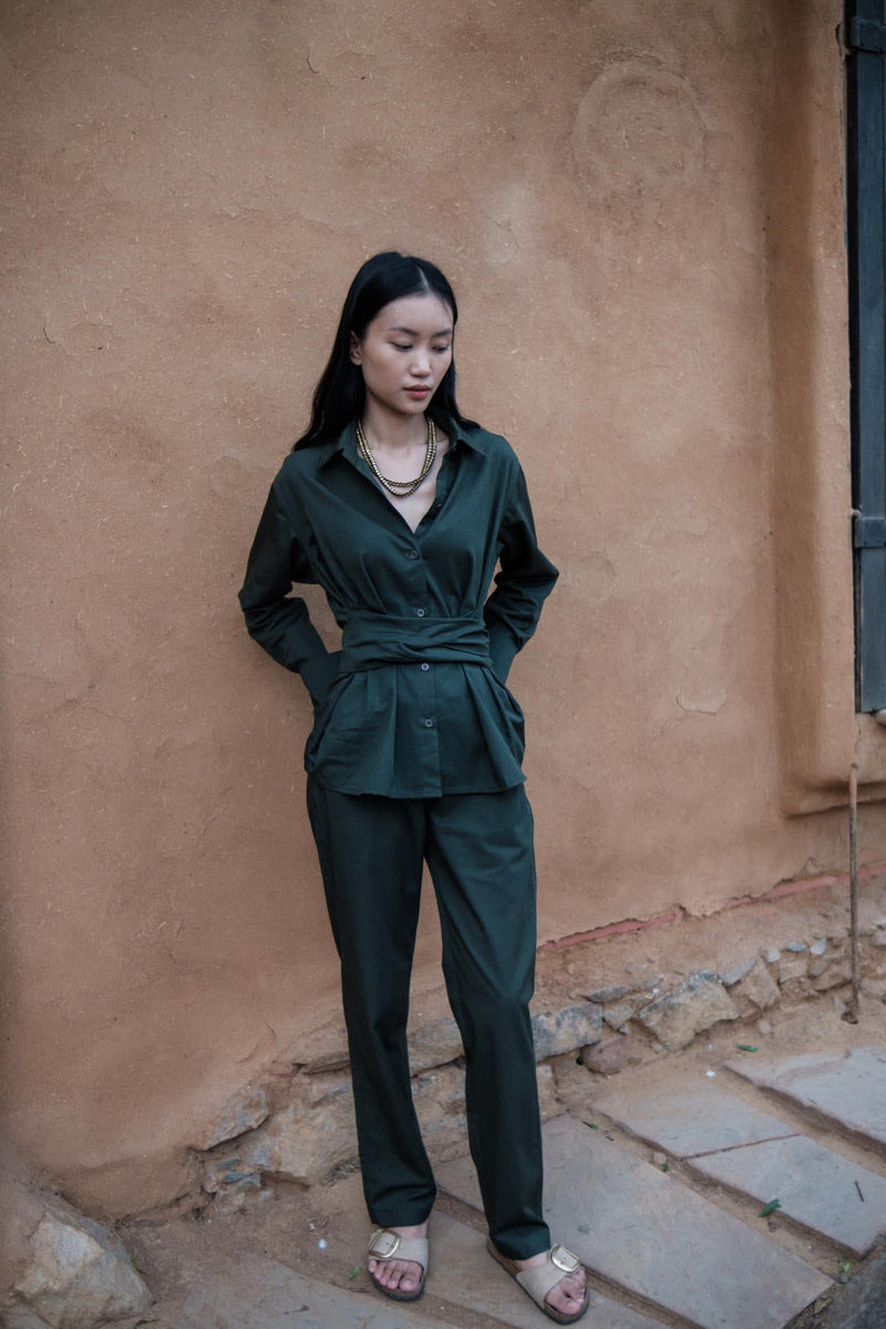 Nara Front knot Shirt-Deep Green cotton by The Terra Tribe in green color for women Worldwide