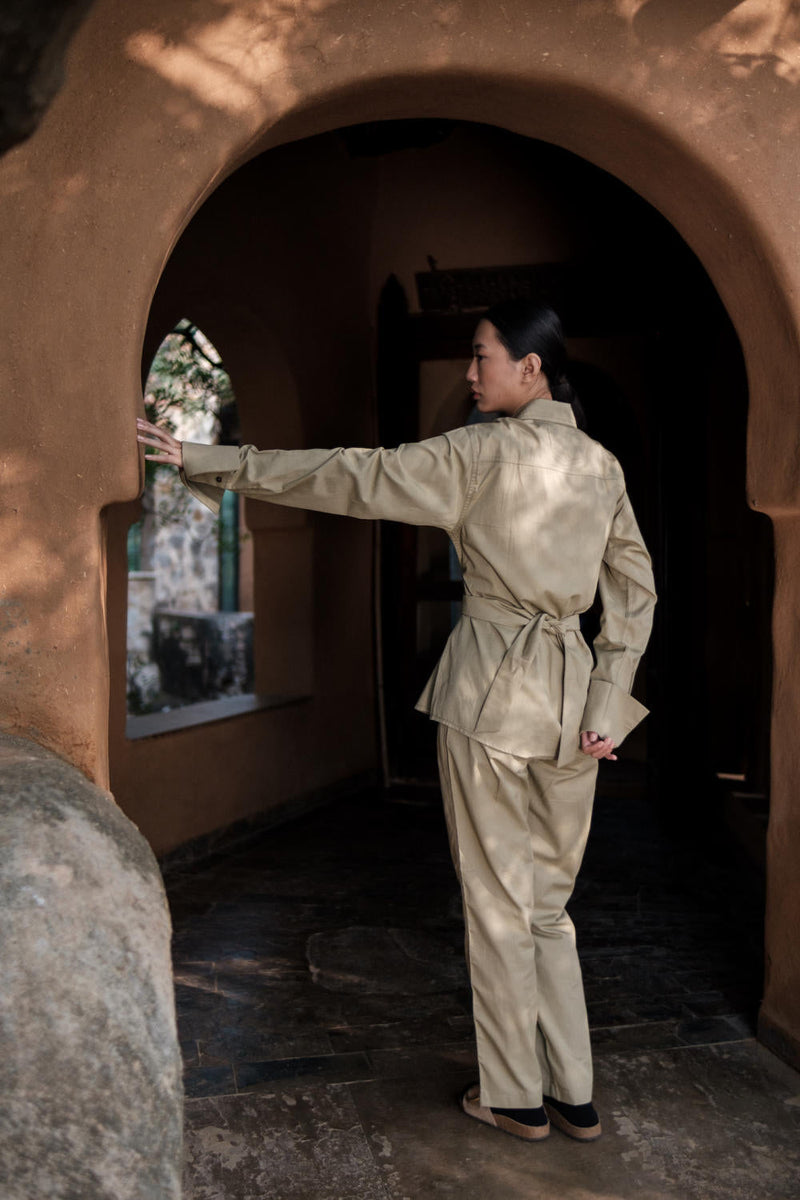 Nara Front knot Shirt-Khaki cotton by The Terra Tribe for women Worldwide