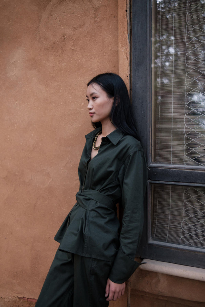 Nara Front knot Shirt-Deep Green cotton by The Terra Tribe in green color for women Worldwide