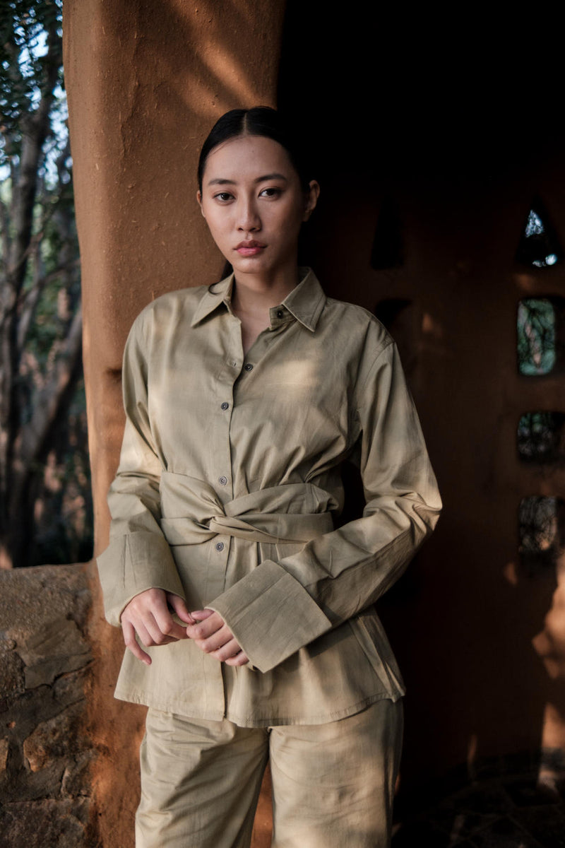 Nara Front knot Shirt-Khaki cotton by The Terra Tribe for women Worldwide