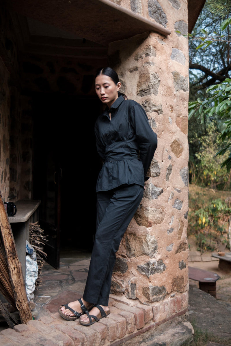 Nara Front knot Shirt-Black cotton by The Terra Tribe in black color for women Worldwide