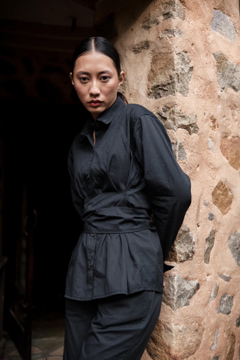 Nara Front knot Shirt-Black cotton by The Terra Tribe in black color for women Worldwide