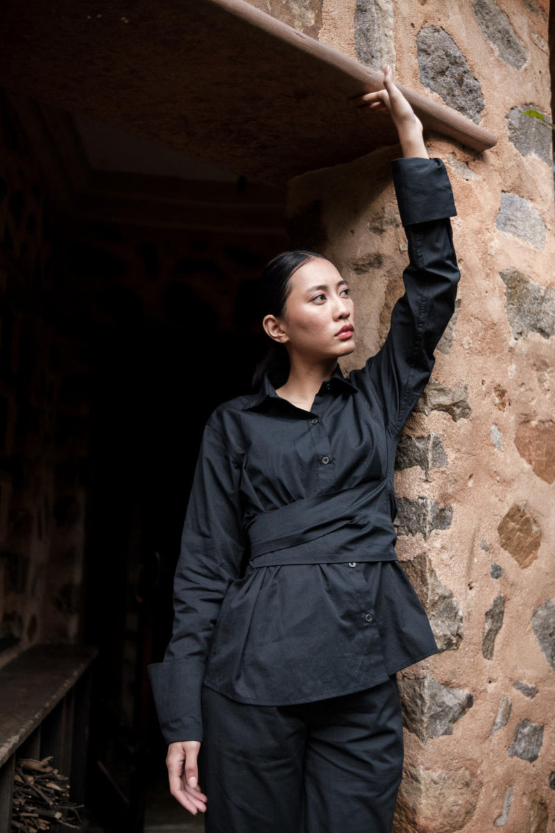 Nara Front knot Shirt-Black cotton by The Terra Tribe in black color for women Worldwide