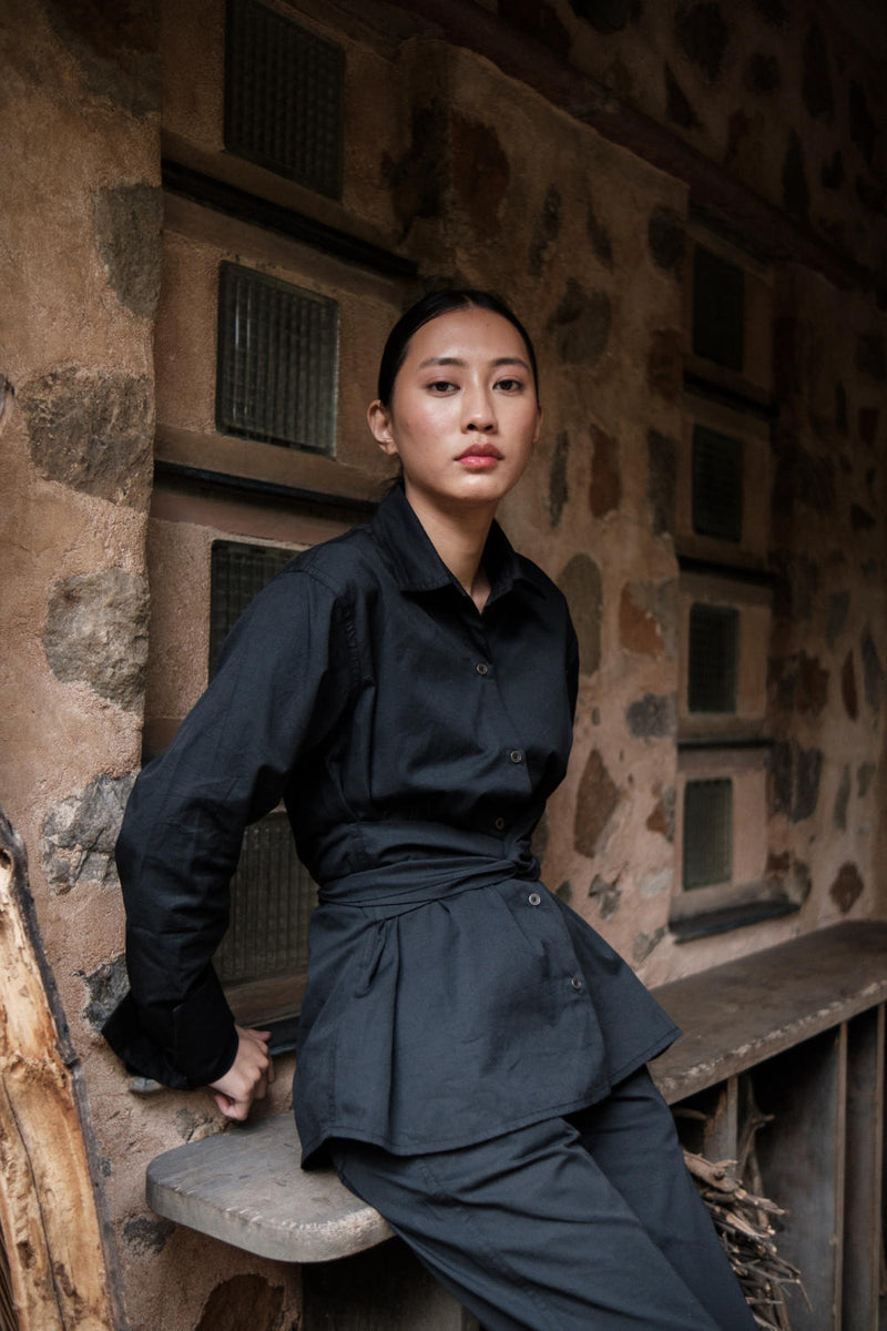 Nara Front knot Shirt-Black cotton by The Terra Tribe in black color for women Worldwide