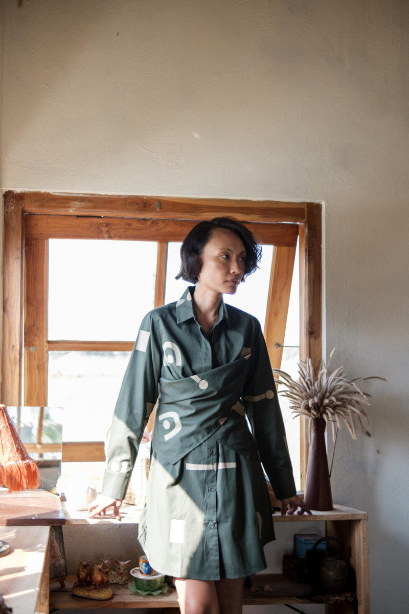 Seattle Wrap Shirt Dress-Deep Green Triangle Printed cotton by The Terra Tribe in green color for women Worldwide