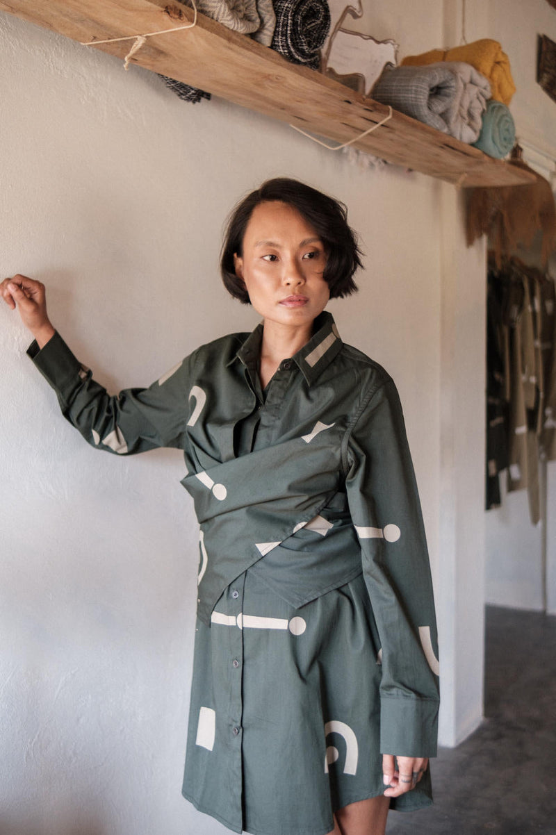 Seattle Wrap Shirt Dress-Deep Green Triangle Printed cotton by The Terra Tribe in green color for women Worldwide