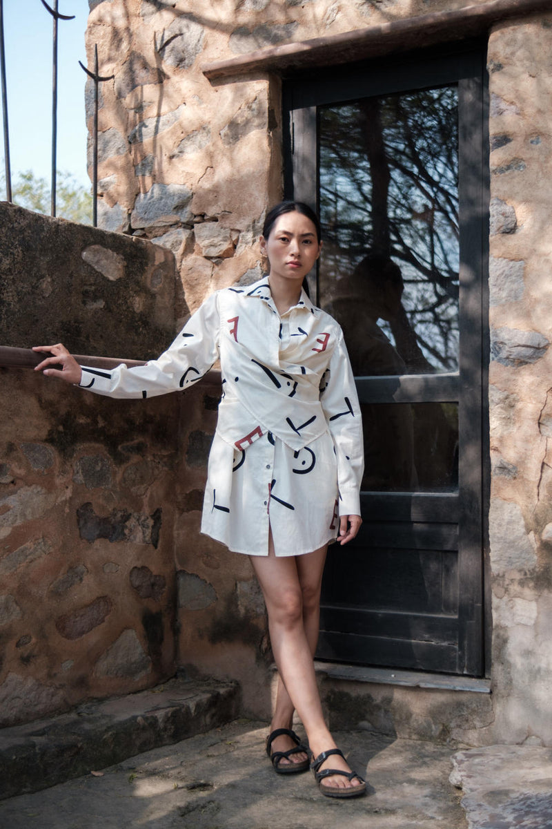 Seattle Wrap Shirt Dress-Ecru Line Printed cotton by The Terra Tribe in ecru color for women Worldwide