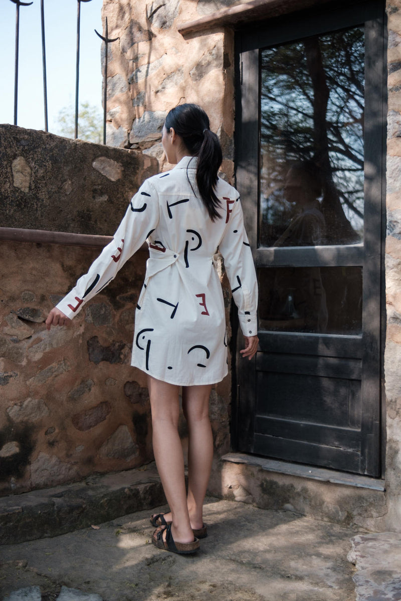 Seattle Wrap Shirt Dress-Ecru Line Printed cotton by The Terra Tribe in ecru color for women Worldwide