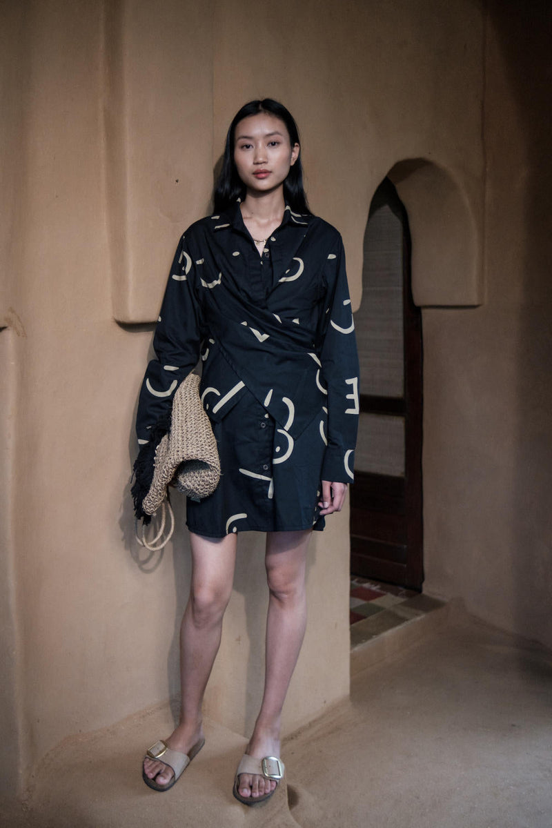Seattle Wrap Shirt Dress-Black line Printed cotton by The Terra Tribe in black color for women Worldwide