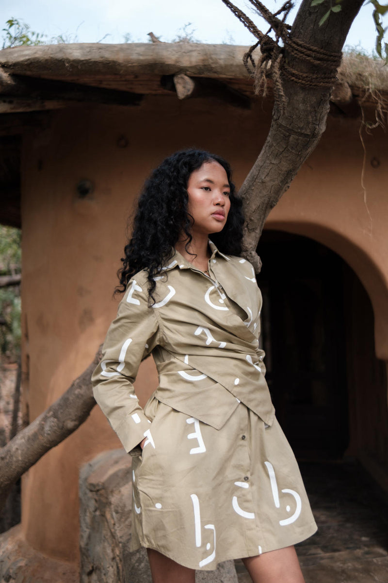 Seattle Wrap Shirt Dress-Khaki Line Printed cotton by The Terra Tribe for women Worldwide