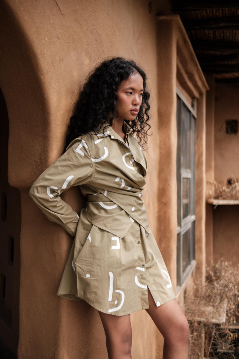 Seattle Wrap Shirt Dress-Khaki Line Printed cotton by The Terra Tribe for women Worldwide
