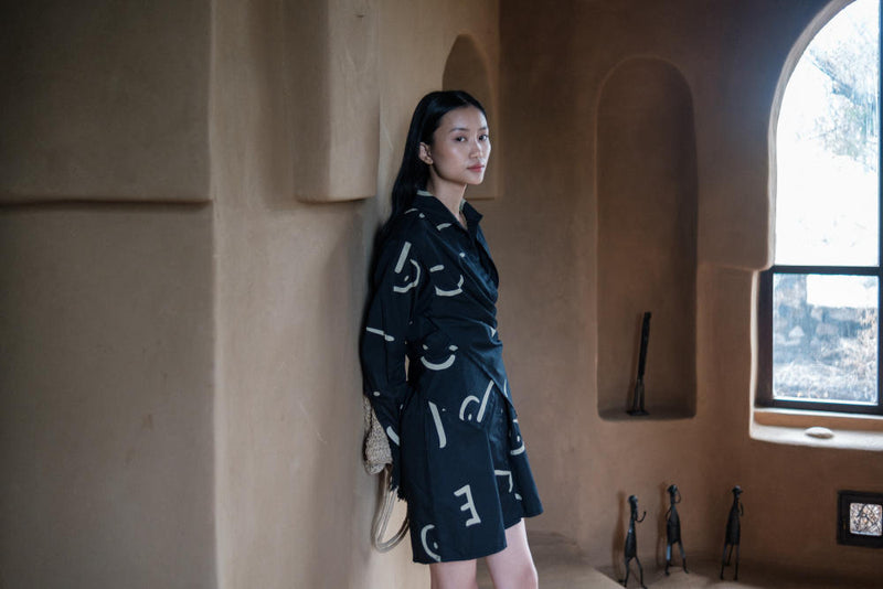 Seattle Wrap Shirt Dress-Black line Printed cotton by The Terra Tribe in black color for women Worldwide