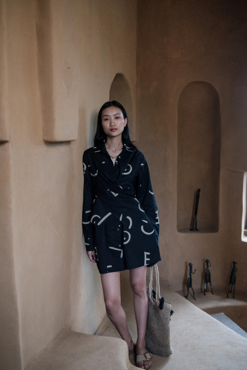 Seattle Wrap Shirt Dress-Black triangle printed cotton by The Terra Tribe in black color for women Worldwide