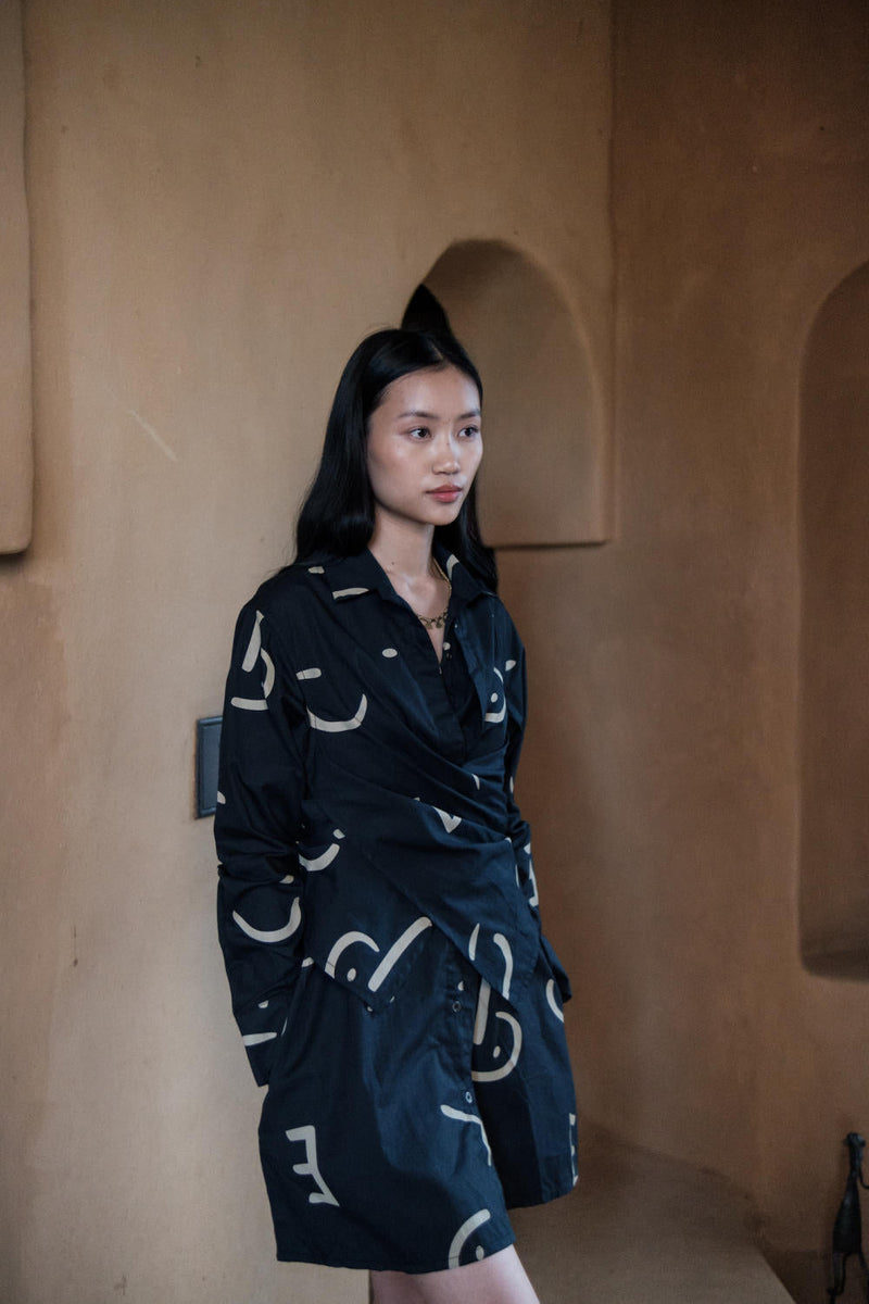 Seattle Wrap Shirt Dress-Black triangle printed cotton by The Terra Tribe in black color for women Worldwide