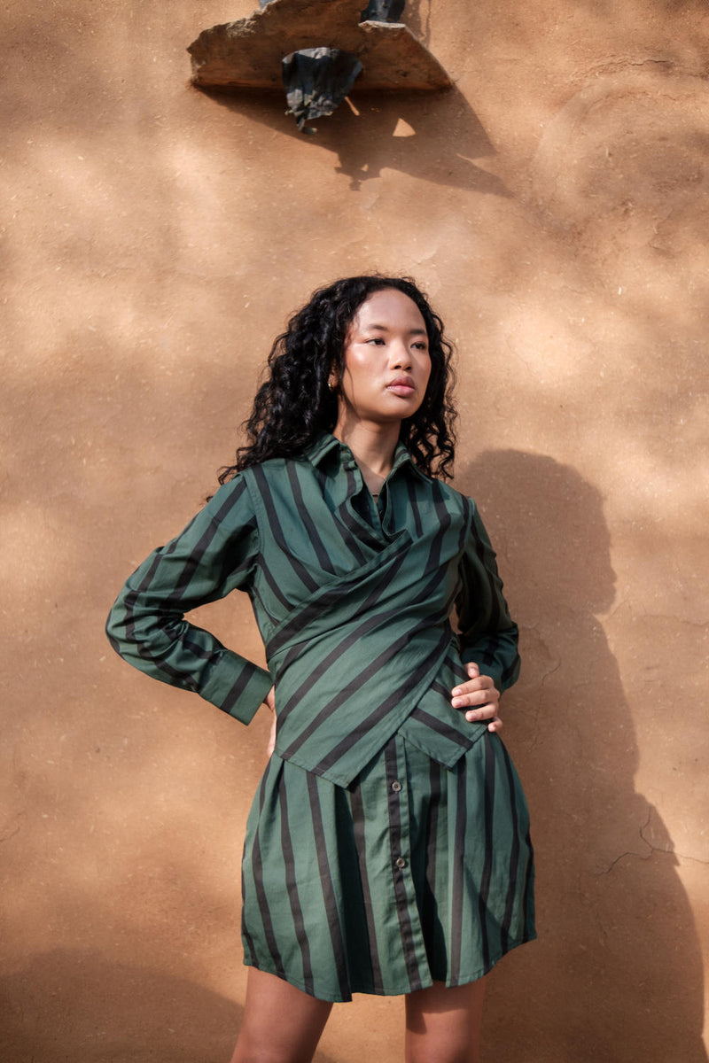 Seattle Wrap Shirt Dress-Deep Green Stripes cotton by The Terra Tribe in green color for women Worldwide