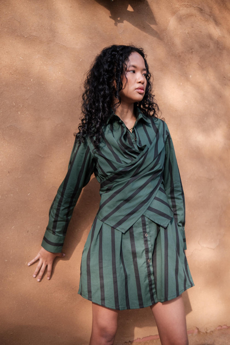 Seattle Wrap Shirt Dress-Deep Green Stripes cotton by The Terra Tribe in green color for women Worldwide