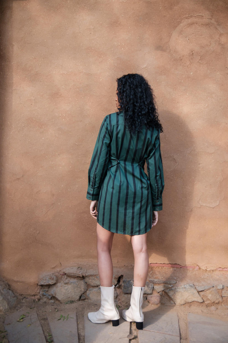 Seattle Wrap Shirt Dress-Deep Green Stripes cotton by The Terra Tribe in green color for women Worldwide