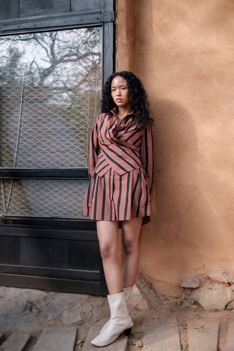 Seattle Wrap Shirt Dress-Copper Stripes cotton by The Terra Tribe for women Worldwide