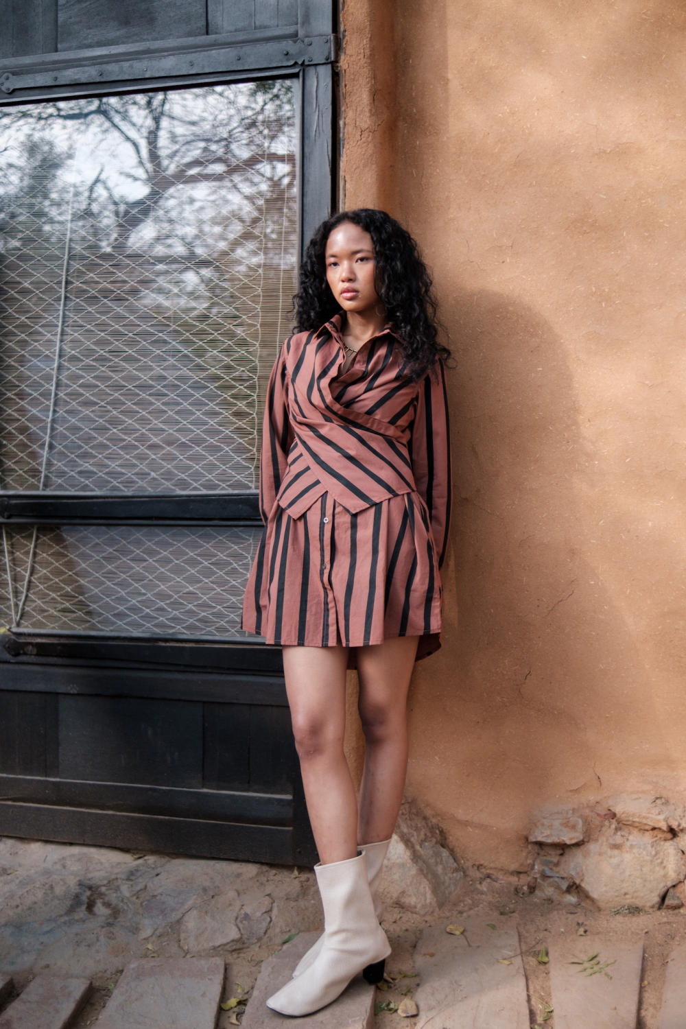 Seattle Wrap Shirt Dress-Copper Stripes