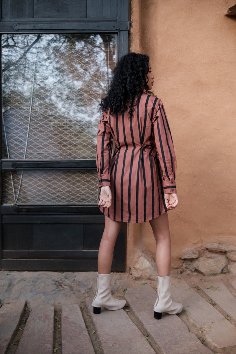 Seattle Wrap Shirt Dress-Copper Stripes cotton by The Terra Tribe for women Worldwide
