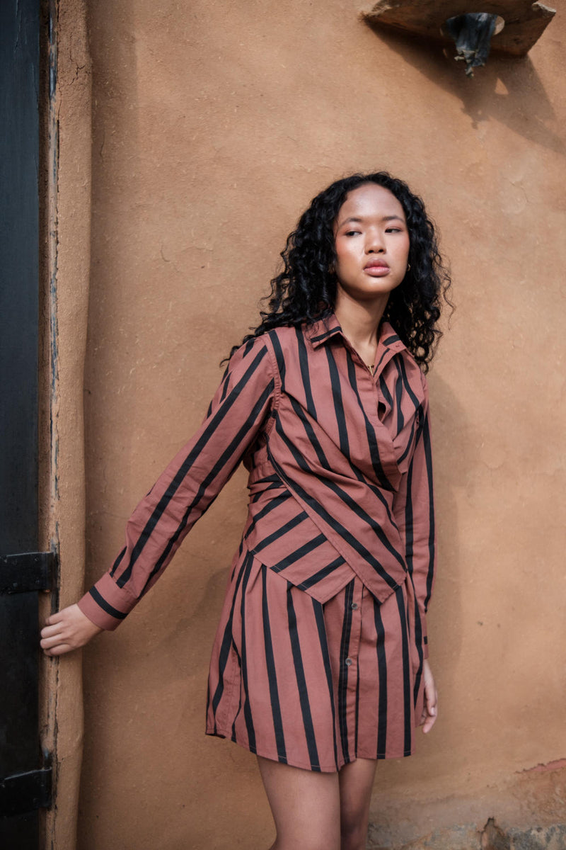 Seattle Wrap Shirt Dress-Copper Stripes cotton by The Terra Tribe for women Worldwide