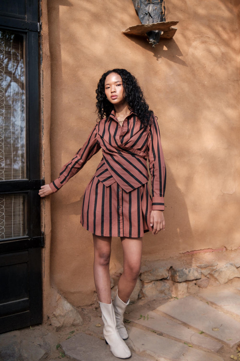 Seattle Wrap Shirt Dress-Copper Stripes cotton by The Terra Tribe for women Worldwide