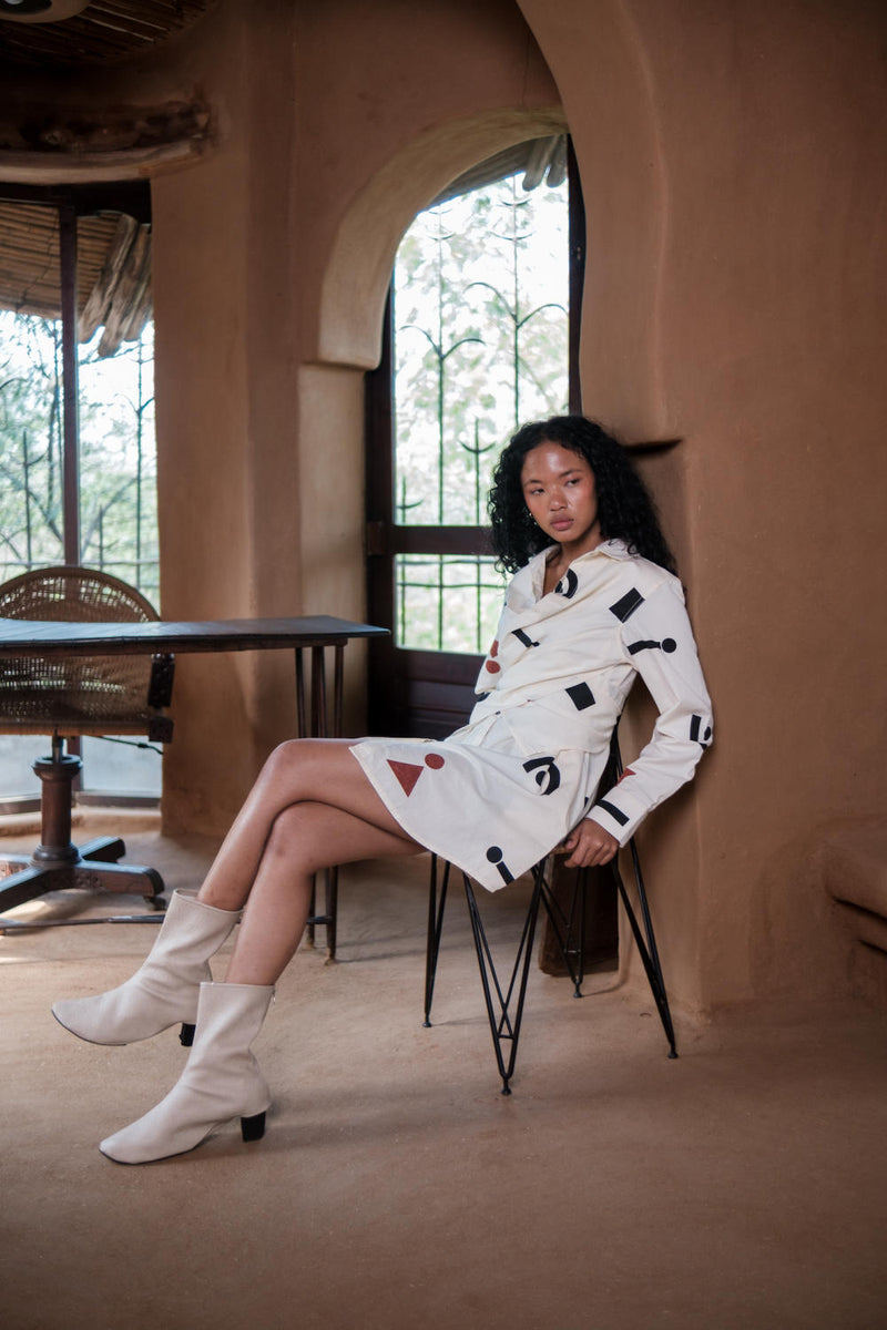 Seattle Wrap Shirt Dress-Ecru Triangle Printed cotton by The Terra Tribe in ecru color for women Worldwide