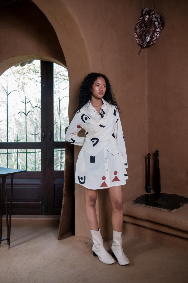 Seattle Wrap Shirt Dress-Ecru Triangle Printed cotton by The Terra Tribe in ecru color for women Worldwide