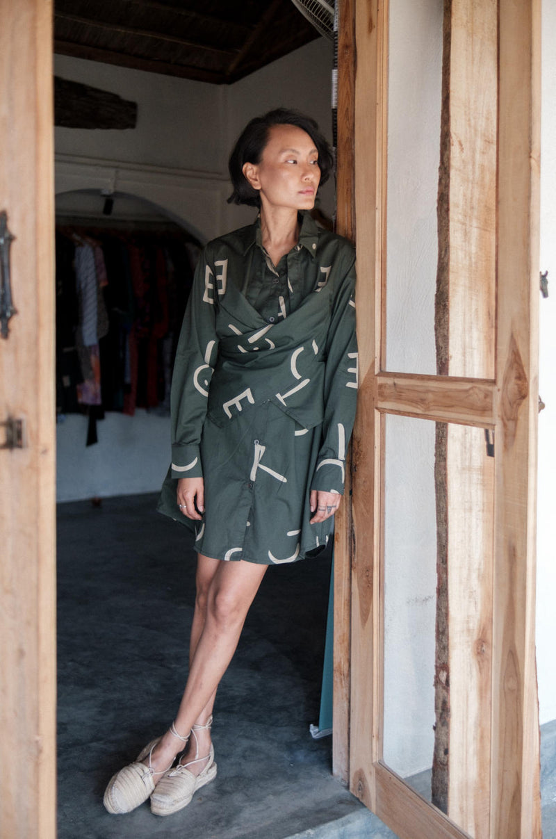 Seattle Wrap Shirt Dress-Deep Green Line Printed cotton by The Terra Tribe in green color for women Worldwide