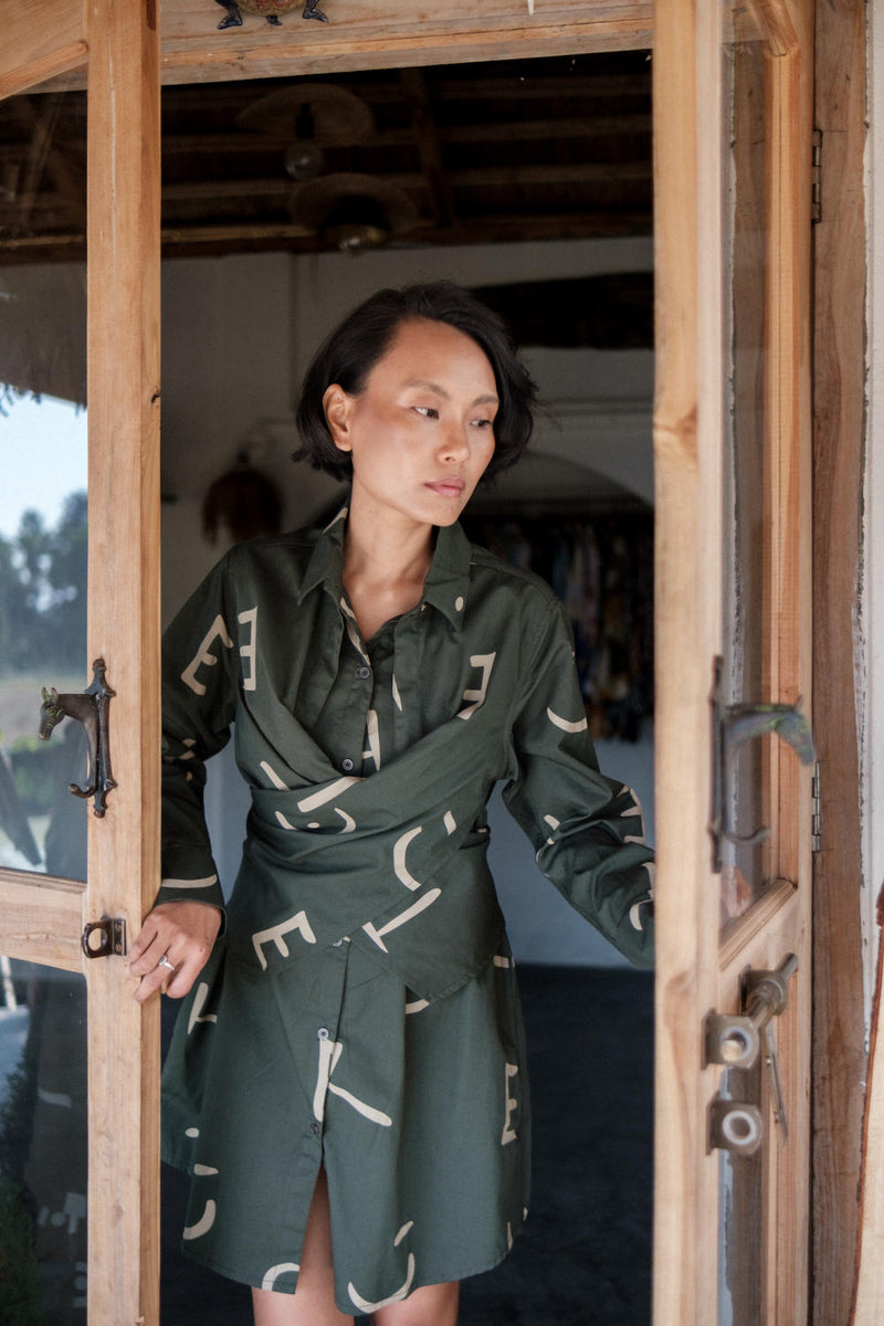 Seattle Wrap Shirt Dress-Deep Green Line Printed cotton by The Terra Tribe in green color for women Worldwide