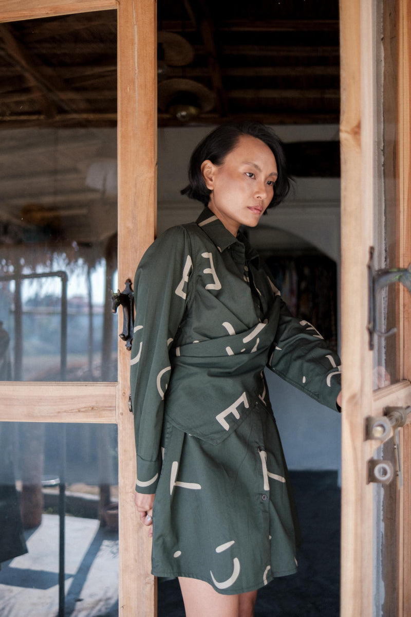 Seattle Wrap Shirt Dress-Deep Green Line Printed cotton by The Terra Tribe in green color for women Worldwide