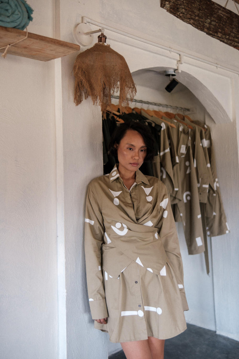 Seattle Wrap Shirt Dress-Khaki Triangle Printed cotton by The Terra Tribe for women Worldwide