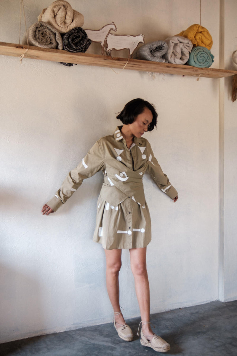 Seattle Wrap Shirt Dress-Khaki Triangle Printed cotton by The Terra Tribe for women Worldwide