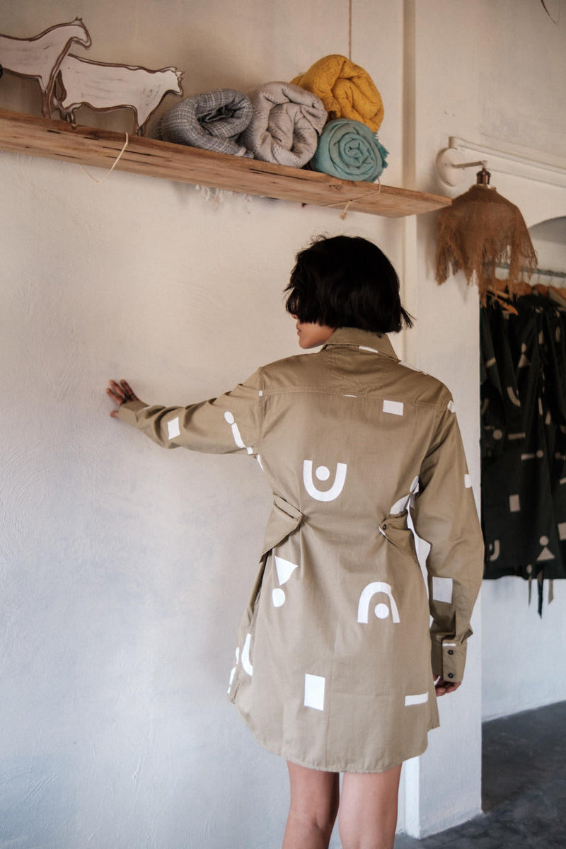Seattle Wrap Shirt Dress-Khaki Triangle Printed cotton by The Terra Tribe for women Worldwide