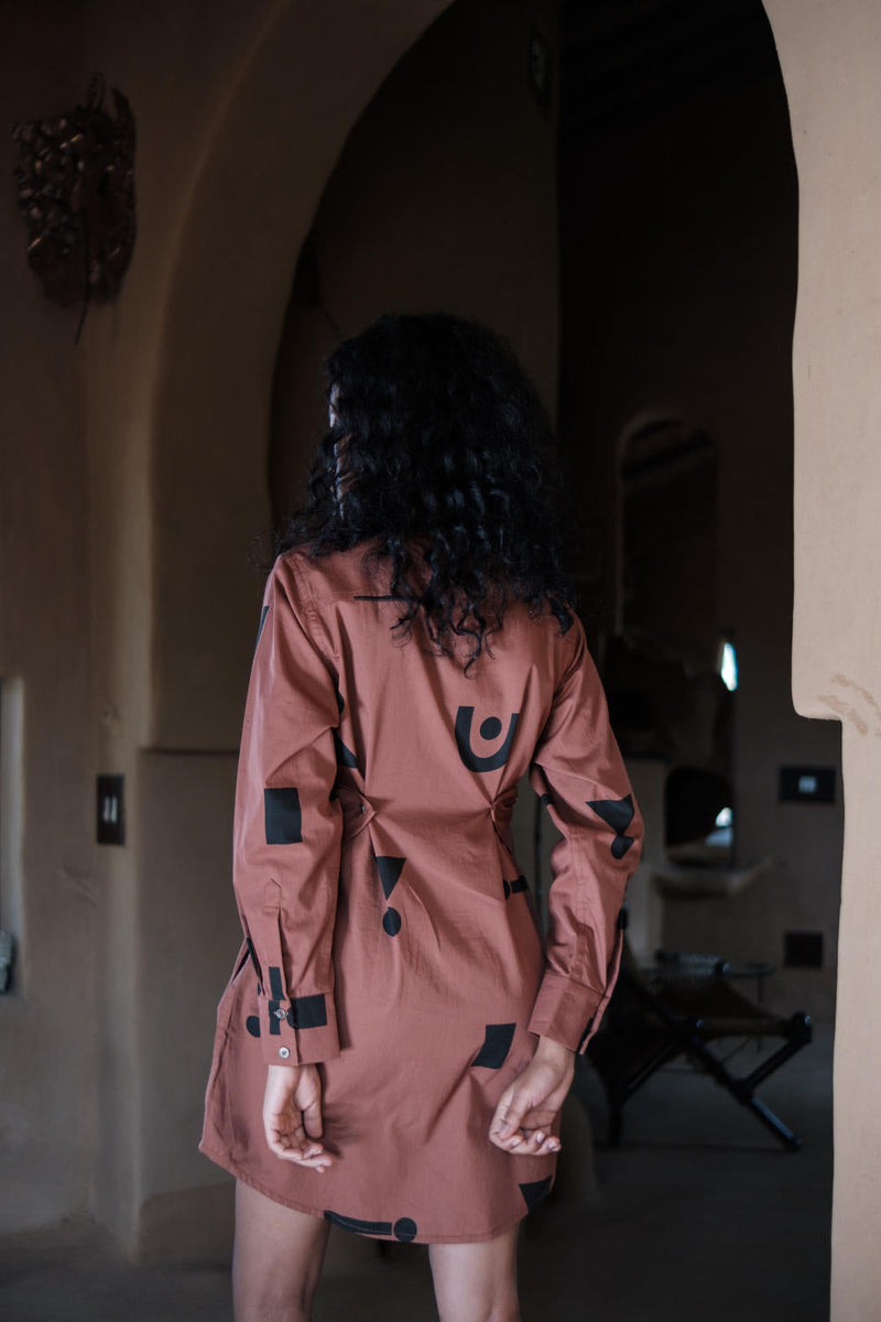 Seattle Wrap Shirt Dress-Copper Triangle Printed cotton by The Terra Tribe for women Worldwide