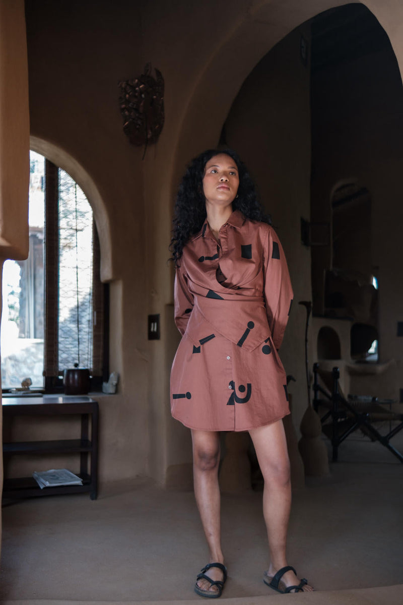 Seattle Wrap Shirt Dress-Copper Triangle Printed cotton by The Terra Tribe for women Worldwide