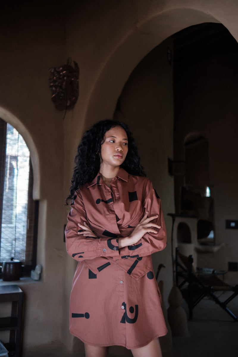 Seattle Wrap Shirt Dress-Copper Triangle Printed cotton by The Terra Tribe for women Worldwide