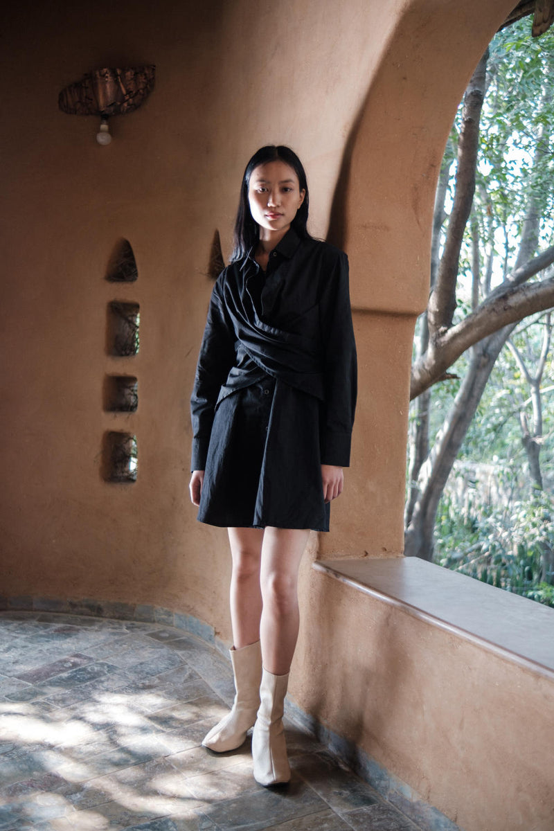 Seattle Wrap Shirt Dress-Black cotton by The Terra Tribe in black color for women Worldwide