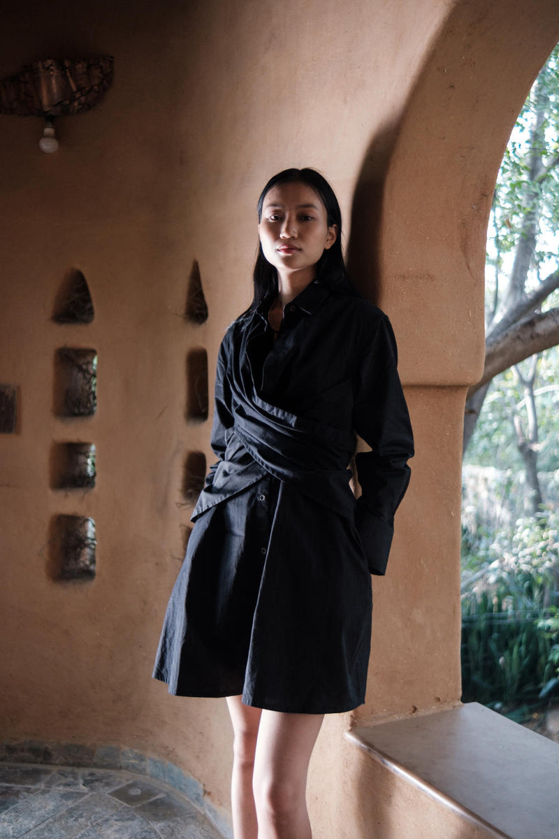 Seattle Wrap Shirt Dress-Black cotton by The Terra Tribe in black color for women Worldwide